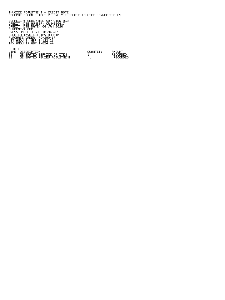 Generated credit note DOC-CRN-000417 followed through extraction, review and correction